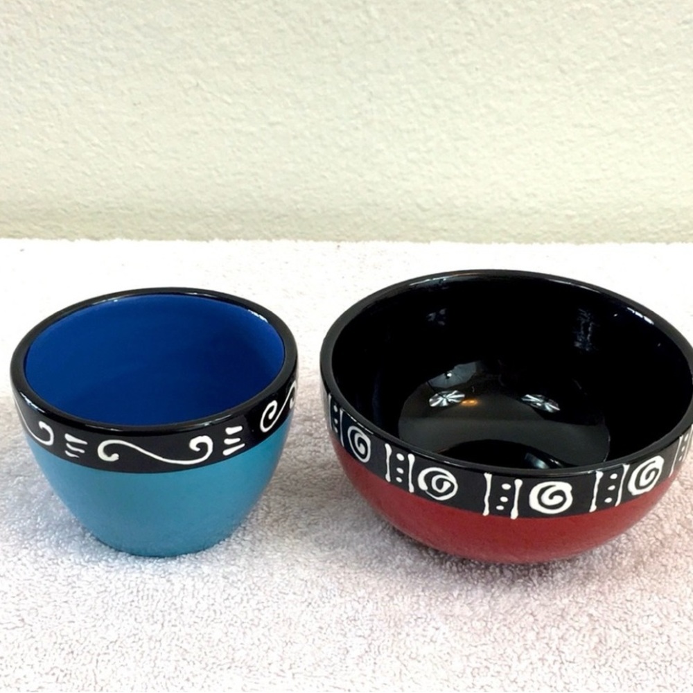 NEW Vintage Bella Casa By Gantz Red Blue Abstract Retro Small Bowl Set of 2 Boho